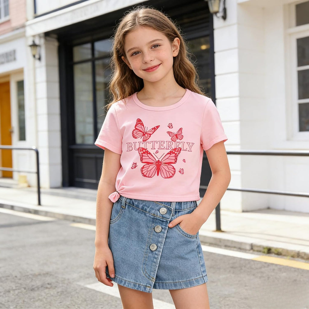 Girls Clothes 2PCS Butterfly Print Short Sleeve T-Shirt Denim Skirt Shorts Set Teen Tween Girls Summer Outfits Set