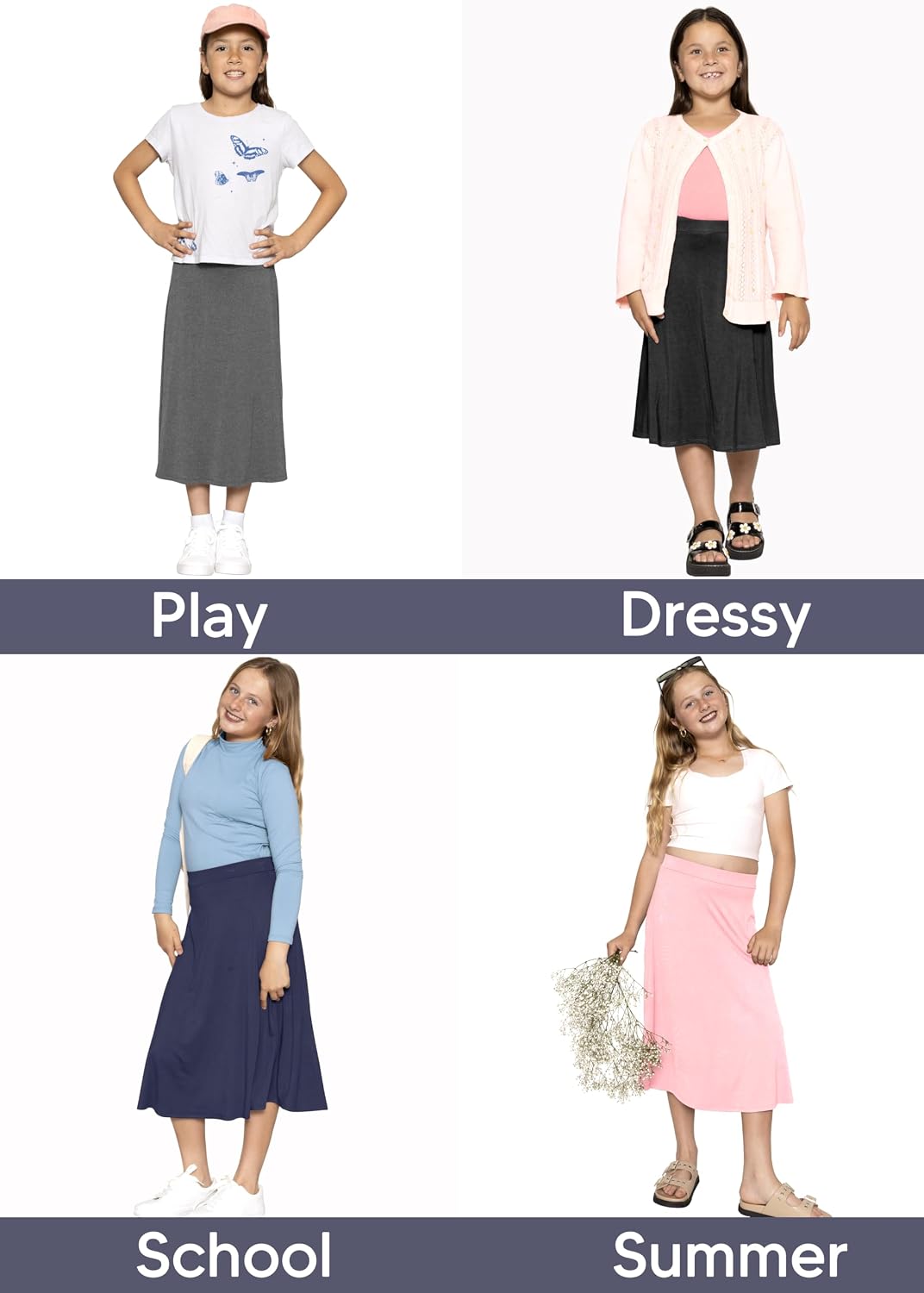 STRETCH IS COMFORT Girl's Midi Length Aline Skirt with Built-in Shorts | Size 4-16