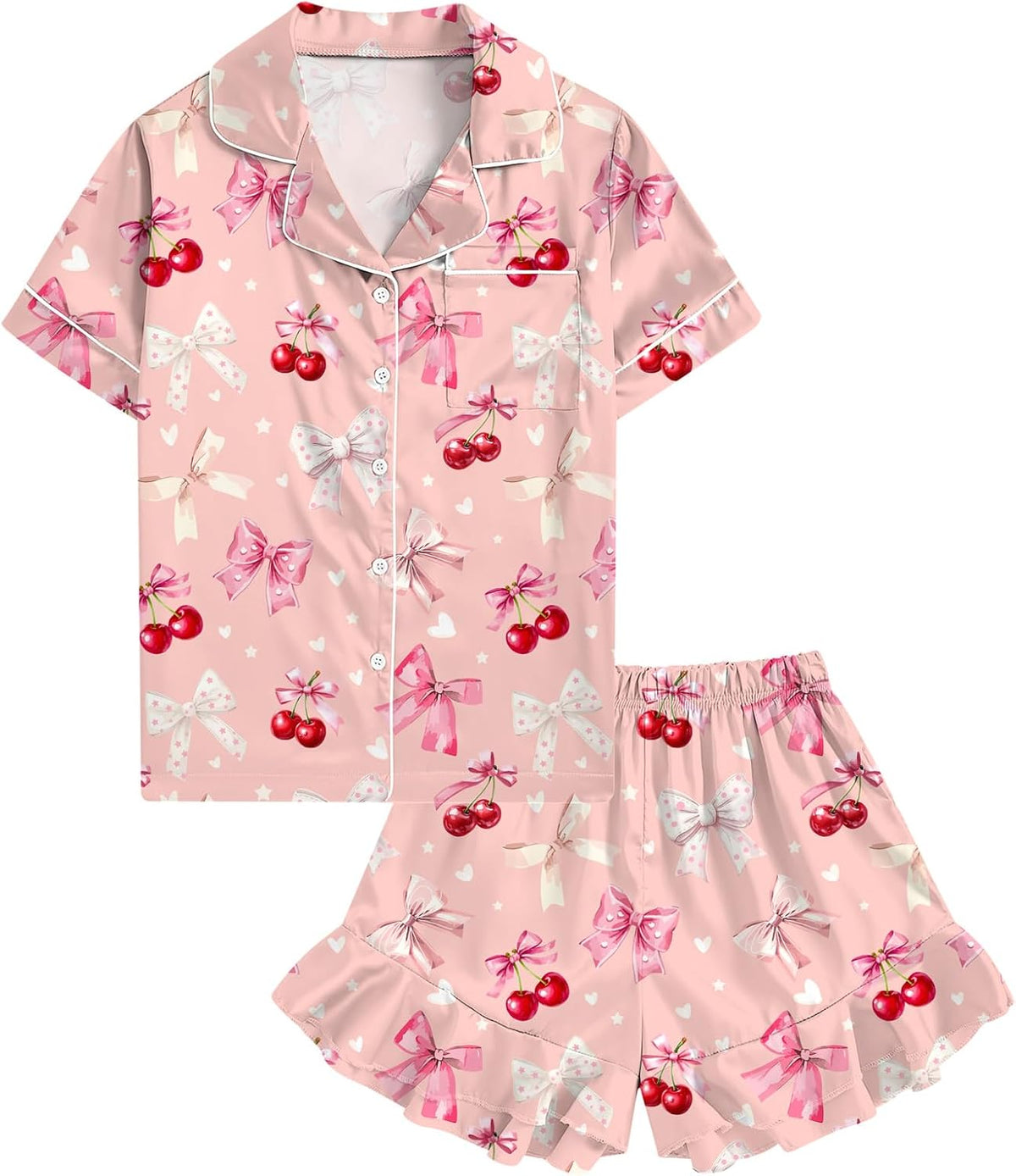UNIFACO Girls Silk Satin Pajama Set, Short Sleeve Button Down PJs