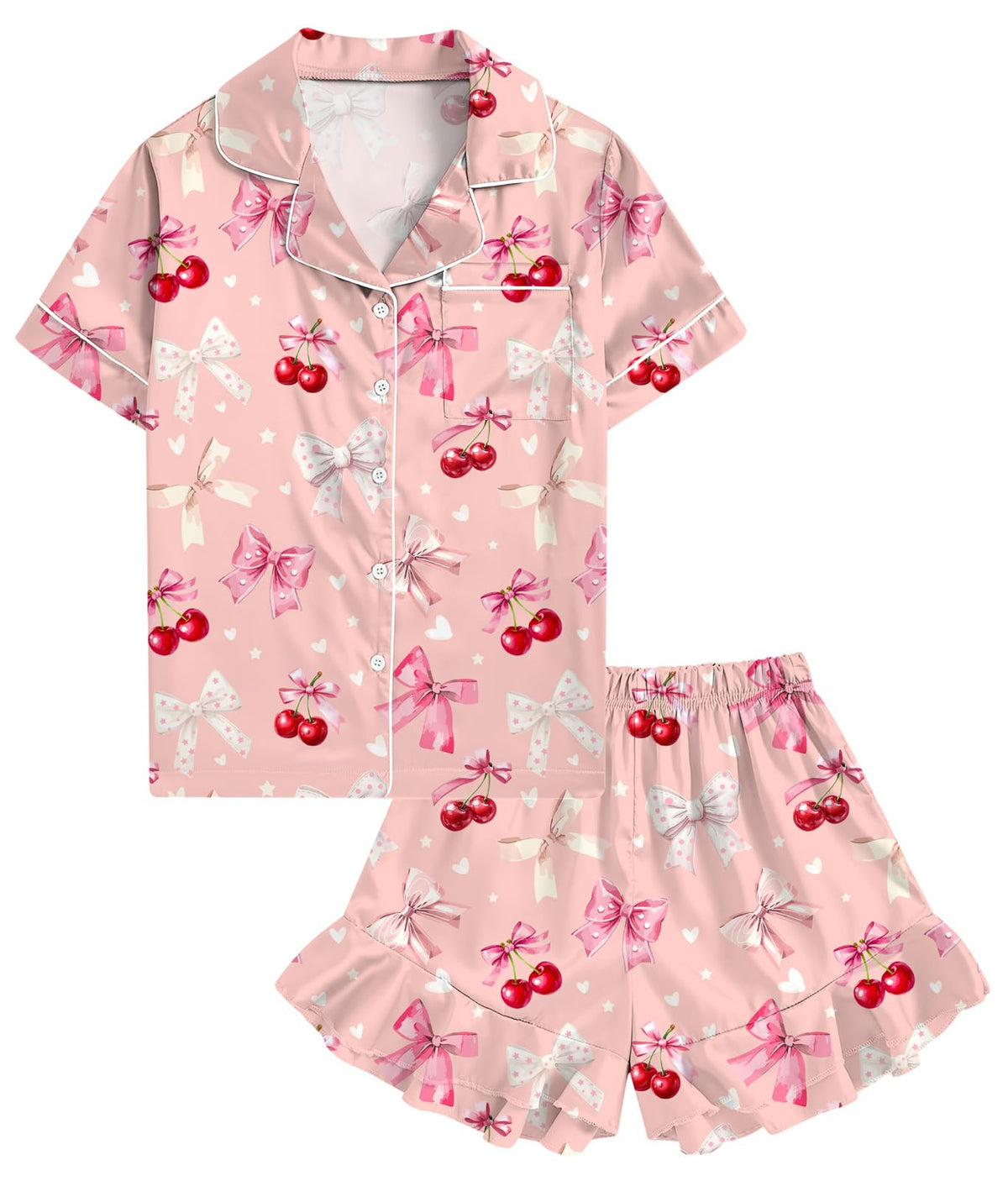 UNIFACO Girls Silk Satin Pajama Set, Short Sleeve Button Down PJs