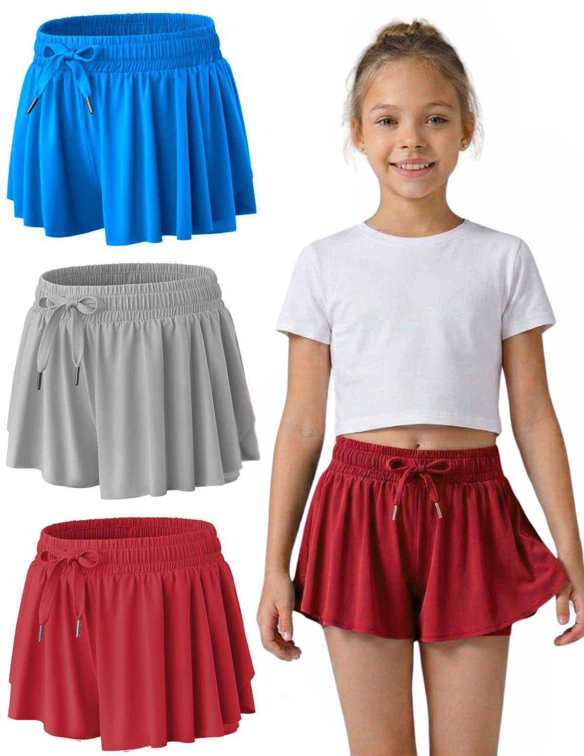 1 or 3 Pack Youth Girls Flowy Shorts with Spandex Liner & Pockets