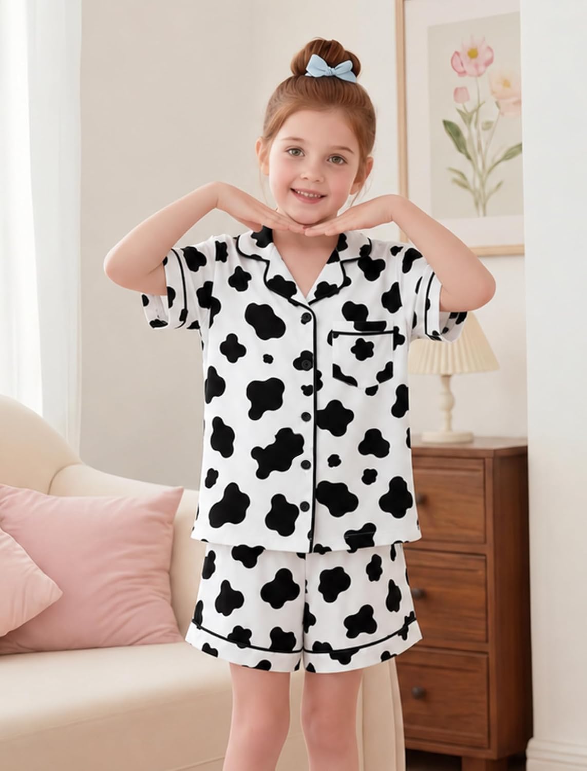 Mikrdoo Girls Pajamas Set Soft Silk Satin Pajamas 2 Piece Short Sleeve Sleepwear for Kids Size 4-16 Years