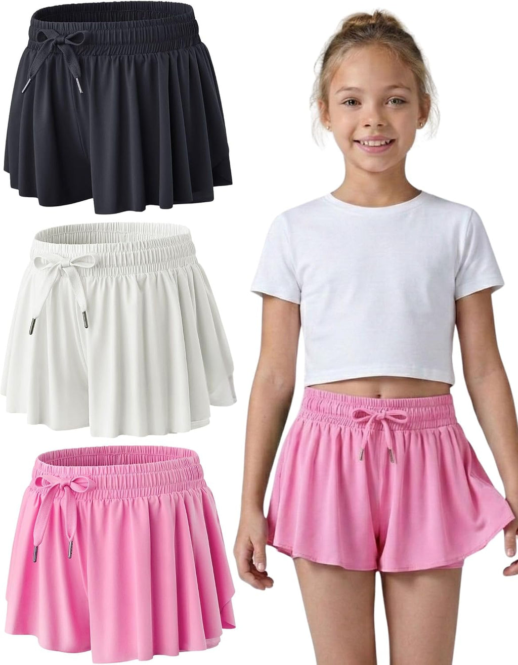 1 or 3 Pack Youth Girls Flowy Shorts with Spandex Liner & Pockets