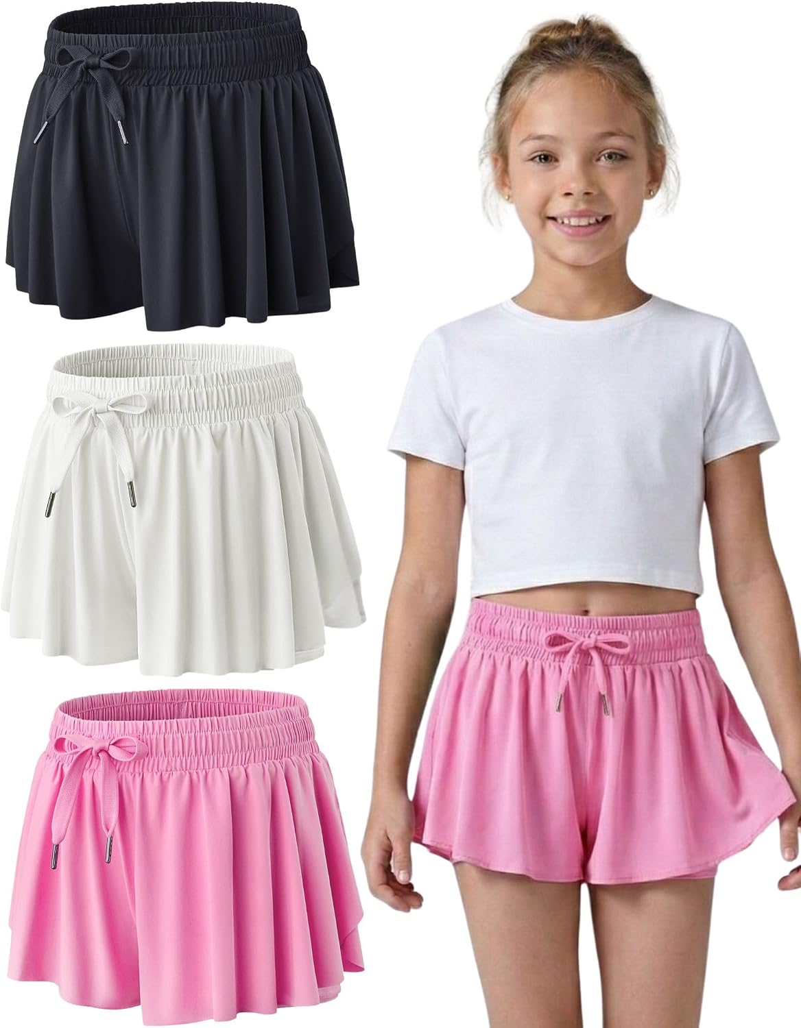 1 or 3 Pack Youth Girls Flowy Shorts with Spandex Liner & Pockets