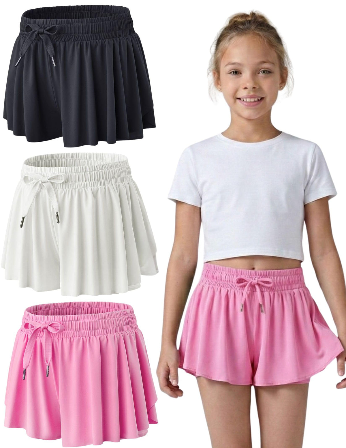 1 or 3 Pack Youth Girls Flowy Shorts with Spandex Liner & Pockets