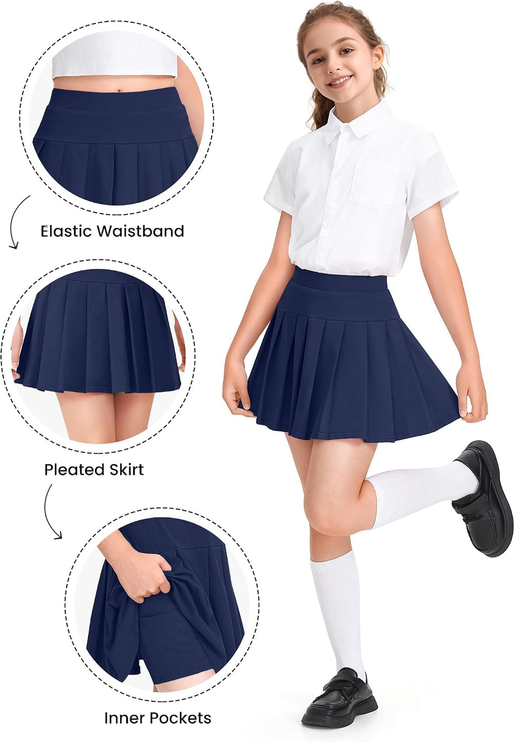 Girls Uniform Skirts with Built-in Shorts & Pockets