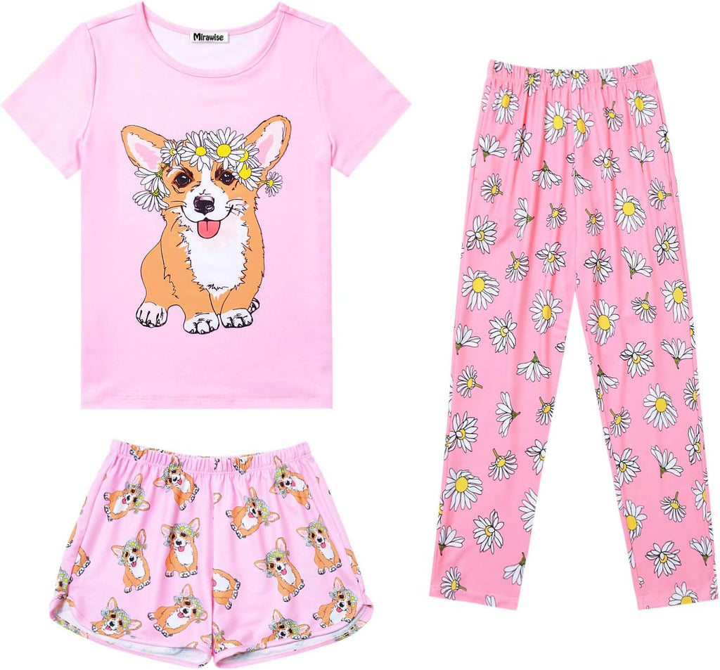 Mirawise Girls 3 Pc Pajamas Sleepwear Cotton Pjs Clothes Set 4-13 Years