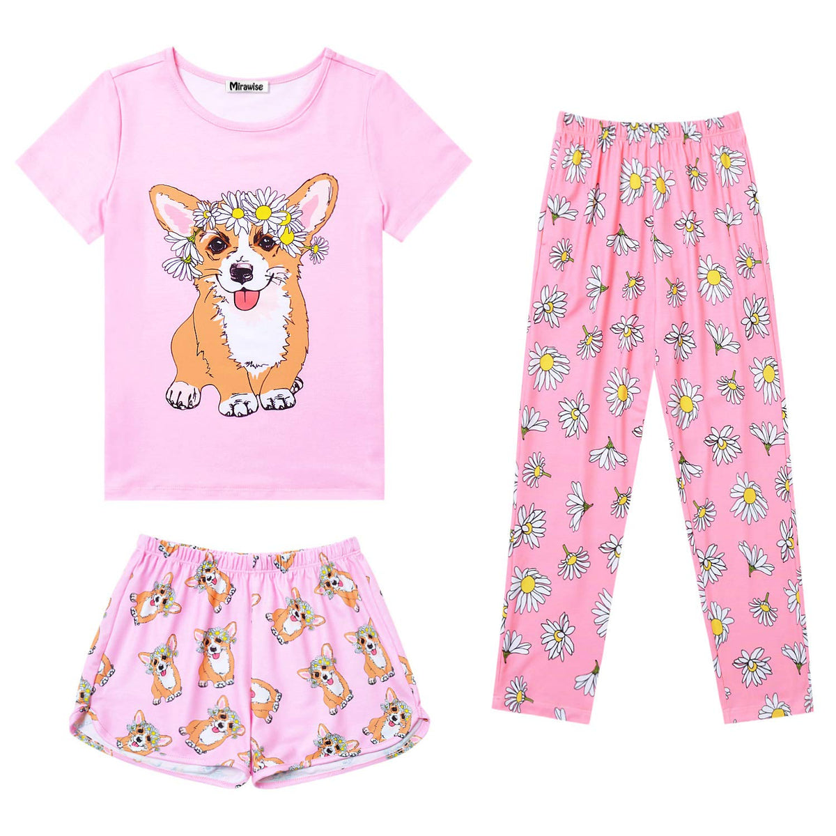 Mirawise Girls 3 Pc Pajamas Sleepwear Cotton Pjs Clothes Set 4-13 Years