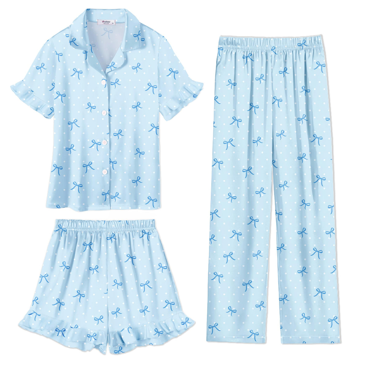 Arshiner Girls Pajamas Sets 3 Piece Satin Pjs Short Sleeve Silky Sleepwear