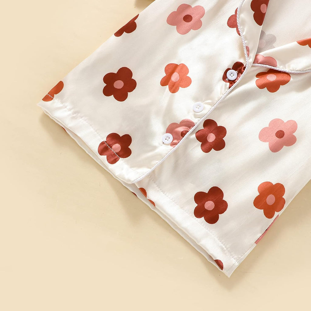 1-6Y Toddler Girls Floral Silk Pajamas Short Sleeve Button-Up Top Shorts Summer 2PC Flowers Satin Pajamas Set
