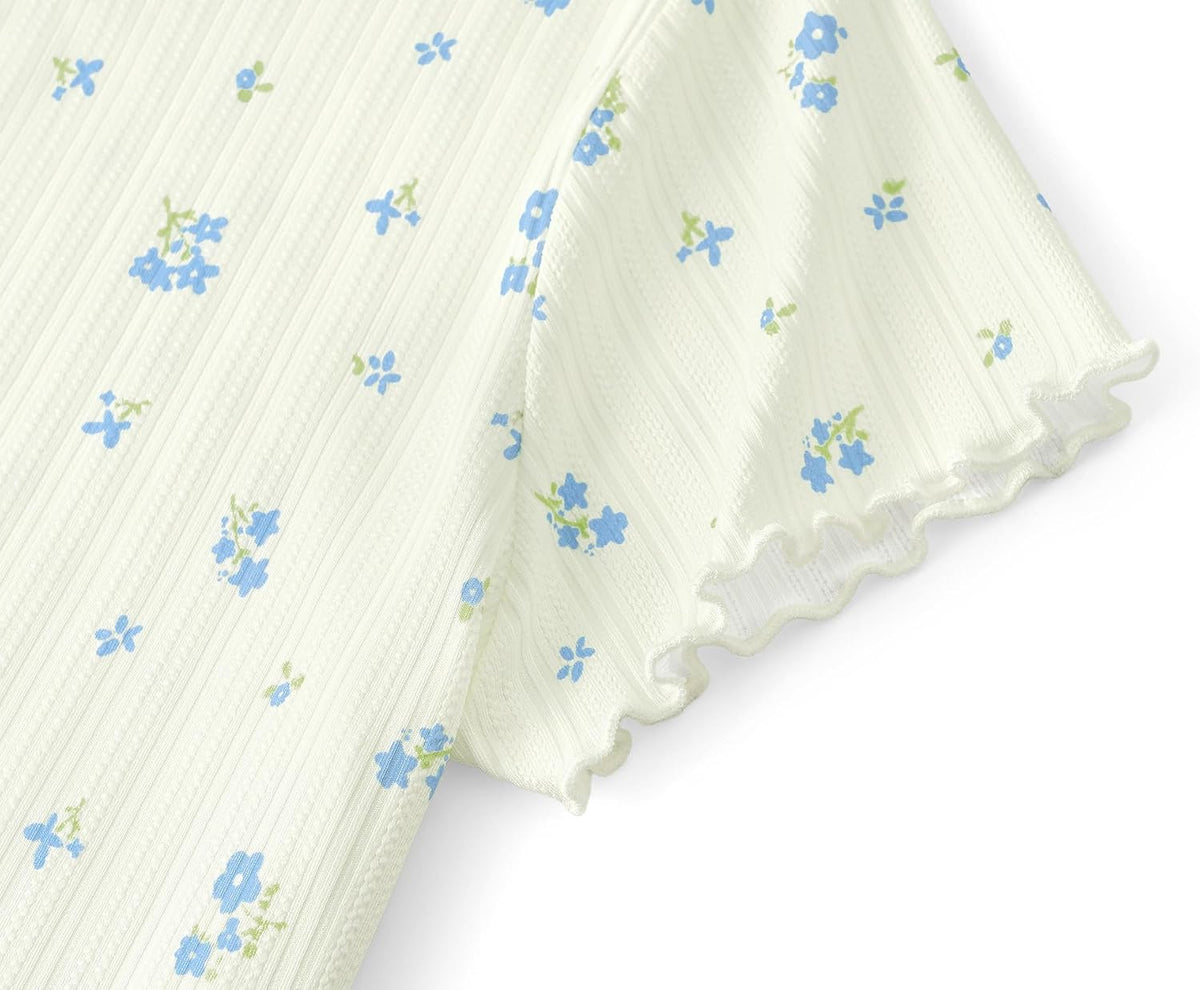 Beezizac Girls Pointelle Pajama Floral Print Short Sleeve Set Sizes 6-18