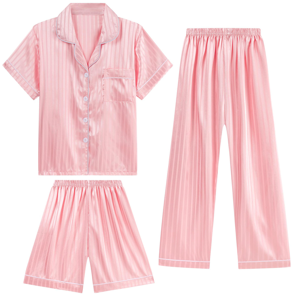 DIPUG Girls Pajamas 3 Pcs Satin PJs Set Silky Soft Sleepwear for Ages 4-13
