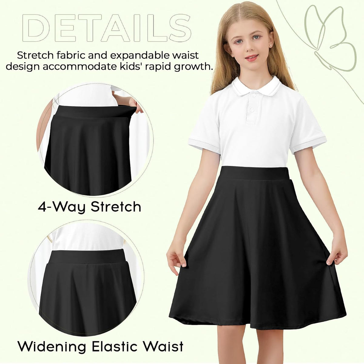 Zando Knee Length Skorts for Girls A Line Uniform Skirt with Shorts 6-14Y