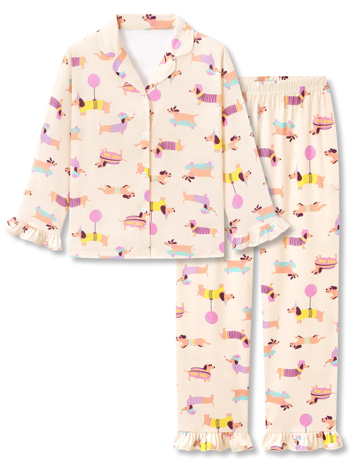 Beezizac Girls Cartoon Ruffle Long Sleeve Button Down Pajama Set Sizes 6-18