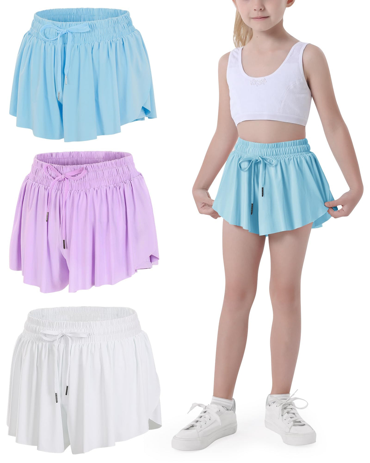 JOCMIC Girls Flowy Shorts, 2 in 1 Preppy Butterfly Shorts with Spandex Liner for Cheer Athletic Gym Teens Casual Clothes