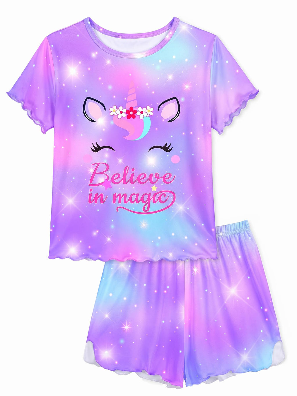 MHJY Girls Pajama Set 2 Piece Ruffled Short Sleeve Summer Sleepwear