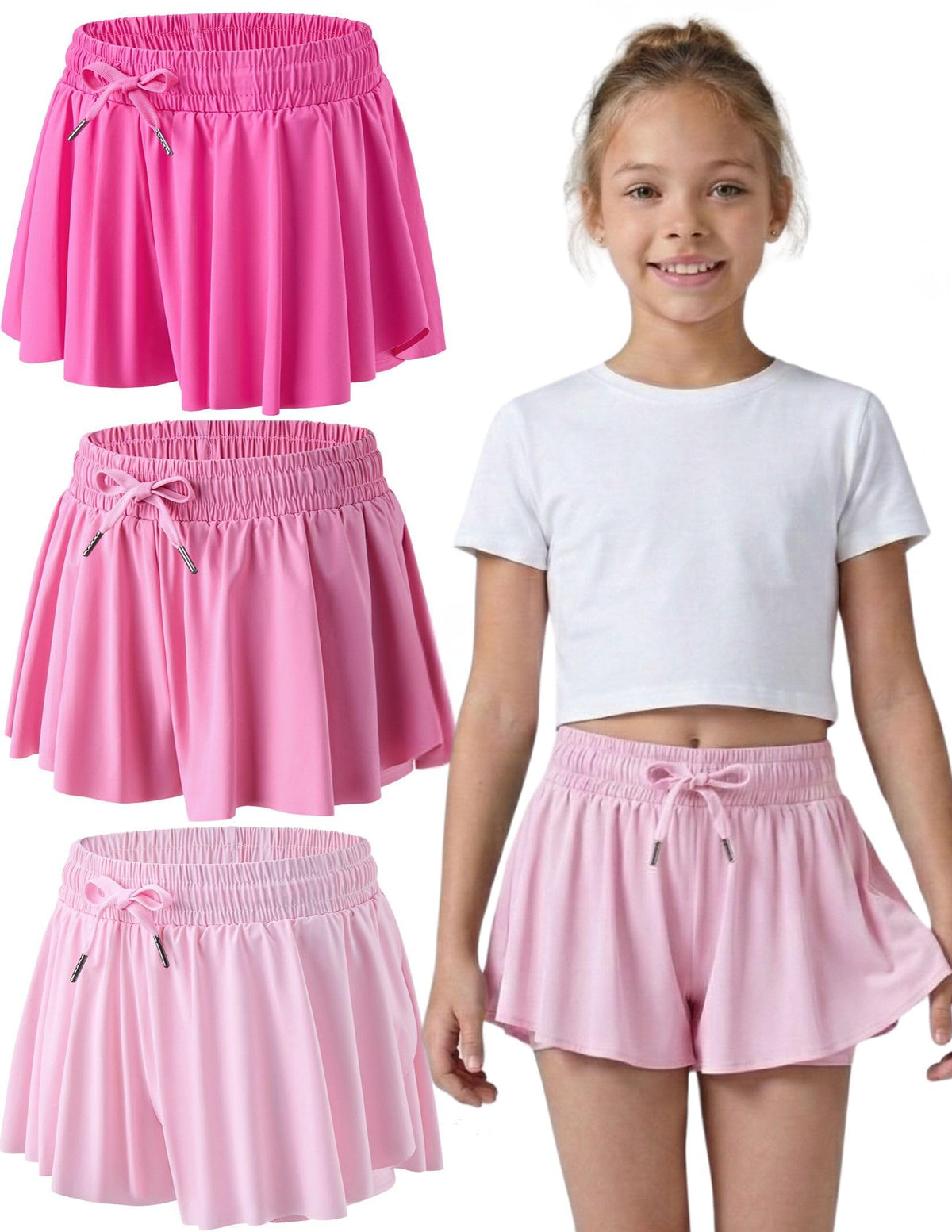 1 or 3 Pack Youth Girls Flowy Shorts with Spandex Liner & Pockets
