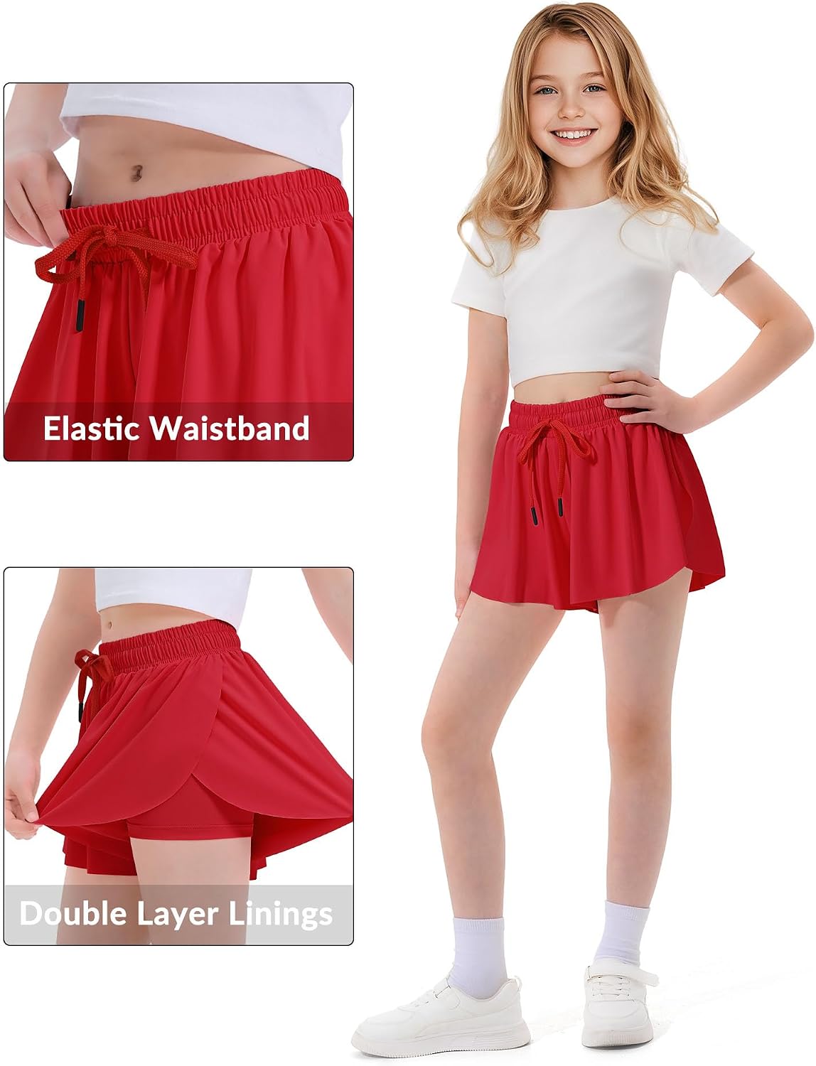 Witwot Butterfly Shorts Girls, 2-in-1 Teen/Kids Girl Flowy Athletic Skort