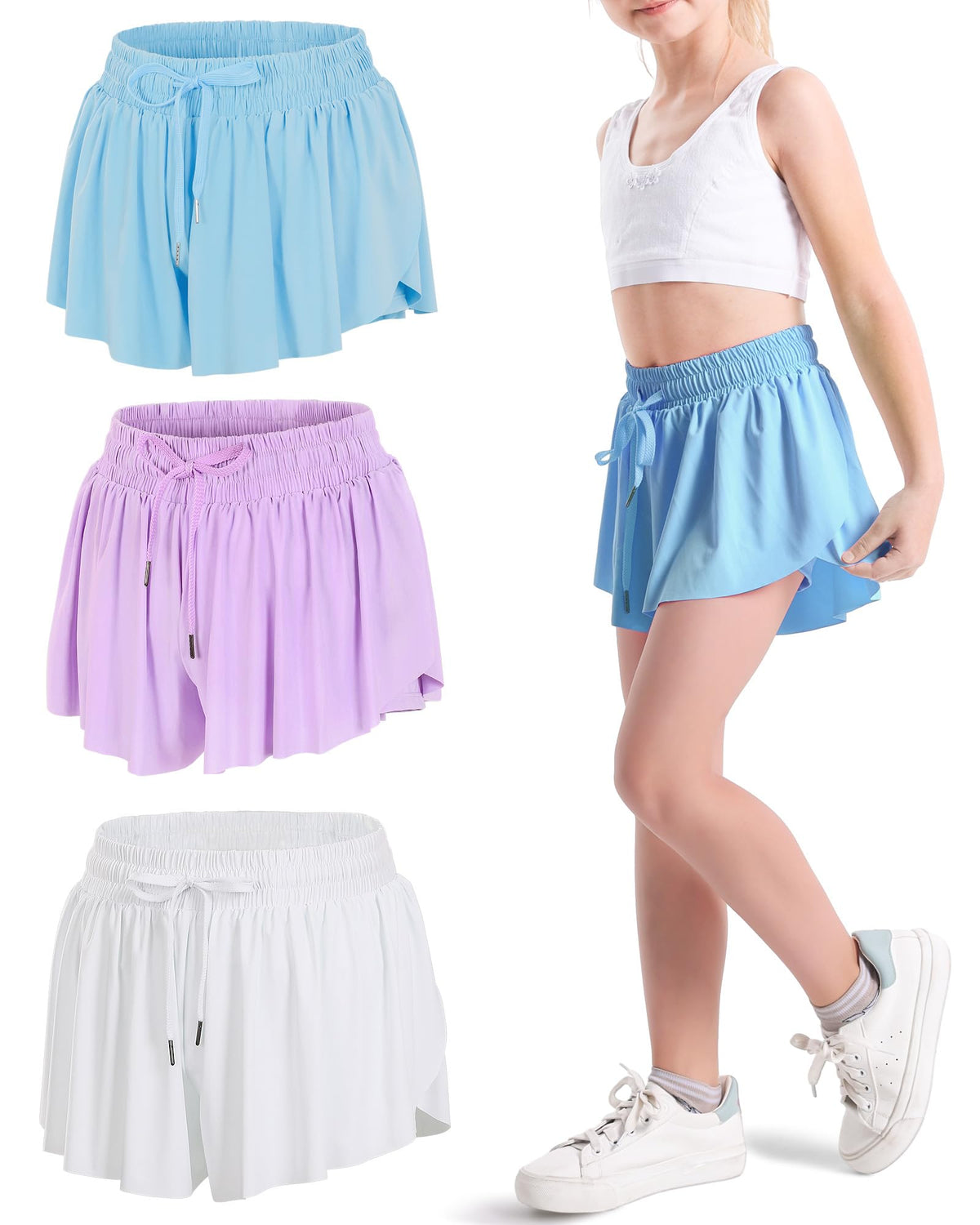 KEREDA Girls Flowy Butterfly Shorts 2-in-1 Kids Preppy Athletic Clothes