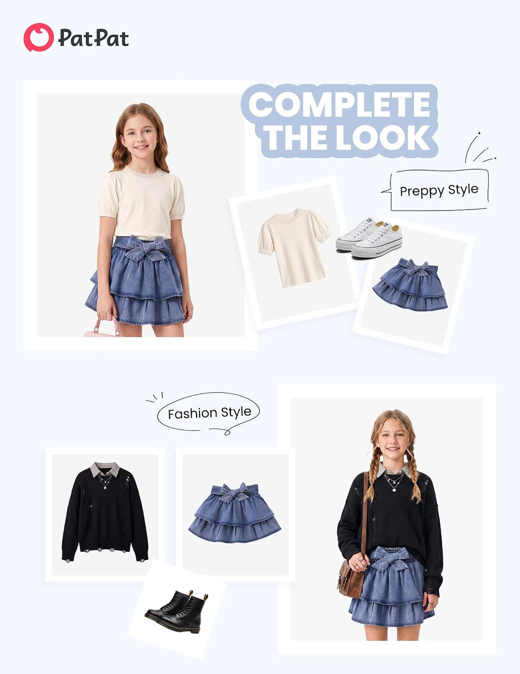 PATPAT Girls Denim Skirt Elastic Waist Jean Skort with Shorts Underneath