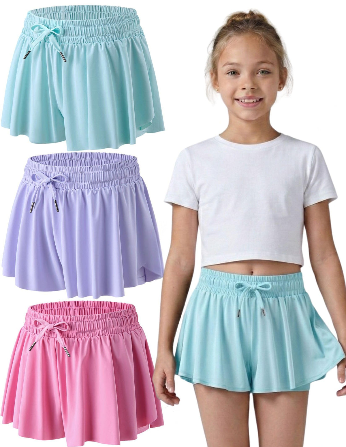 1 or 3 Pack Youth Girls Flowy Shorts with Spandex Liner & Pockets