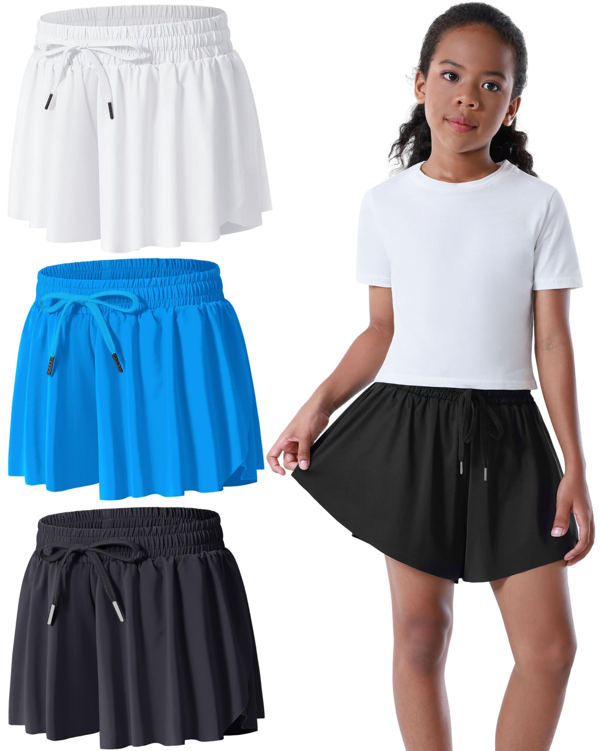 2-3 Pack Girls Flowy Butterfly Shorts with Pockets Liner 2 in 1 Skirt for Fitness, Athletic Running Sports