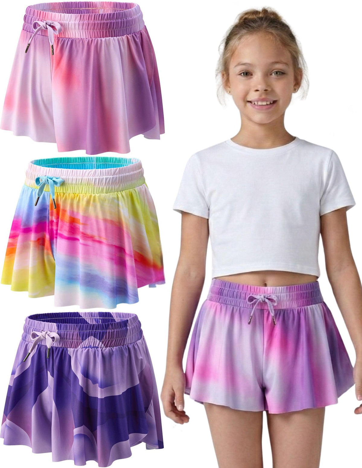 1 or 3 Pack Youth Girls Flowy Shorts with Spandex Liner & Pockets