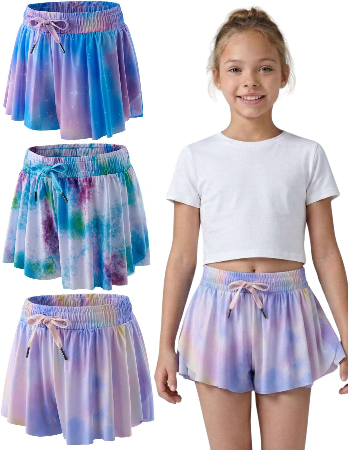 1 or 3 Pack Youth Girls Flowy Shorts with Spandex Liner & Pockets