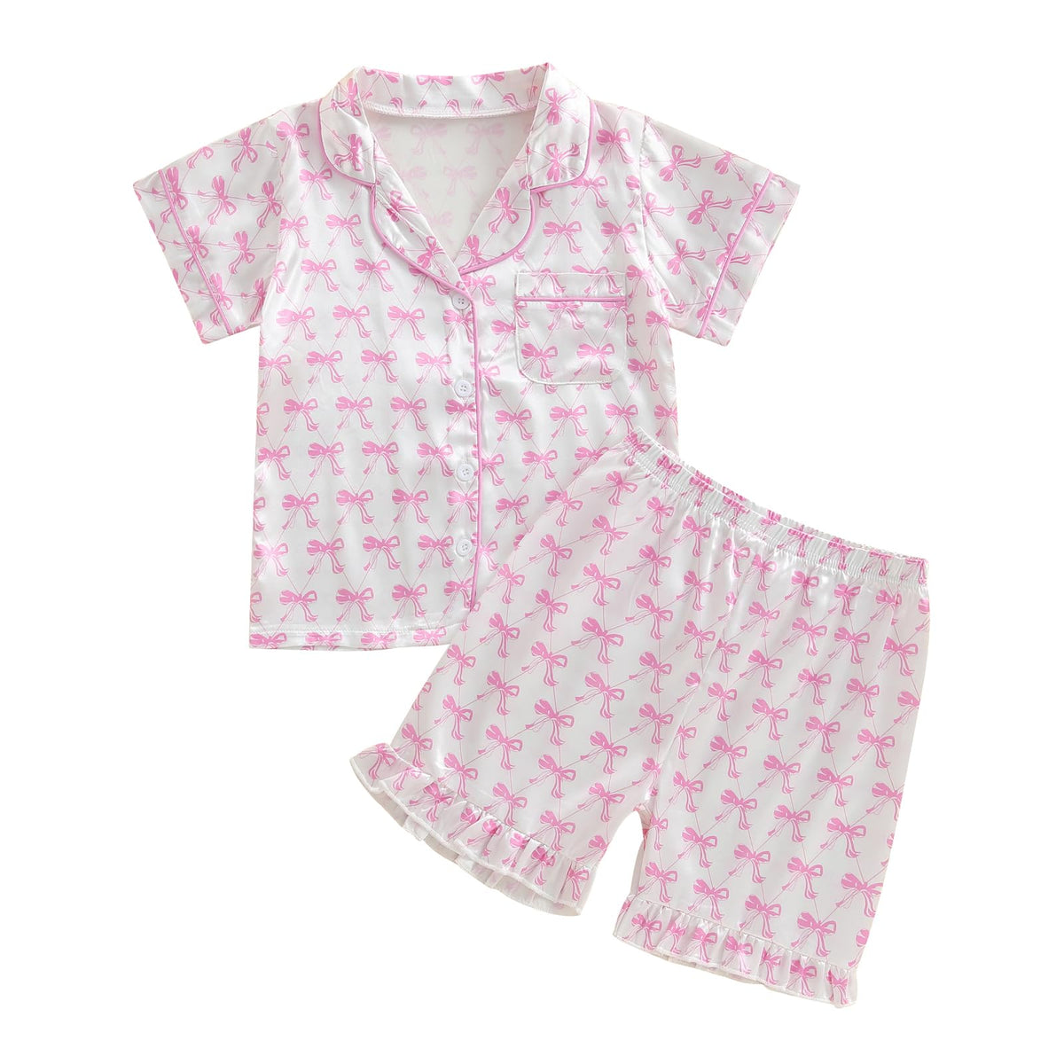 Ayalinggo Toddler Kids Girl Silk Pajamas Baby Ruffled Sleeve Button Down Satin Silk Pjs Sleepwear Loungwear Shorts Set