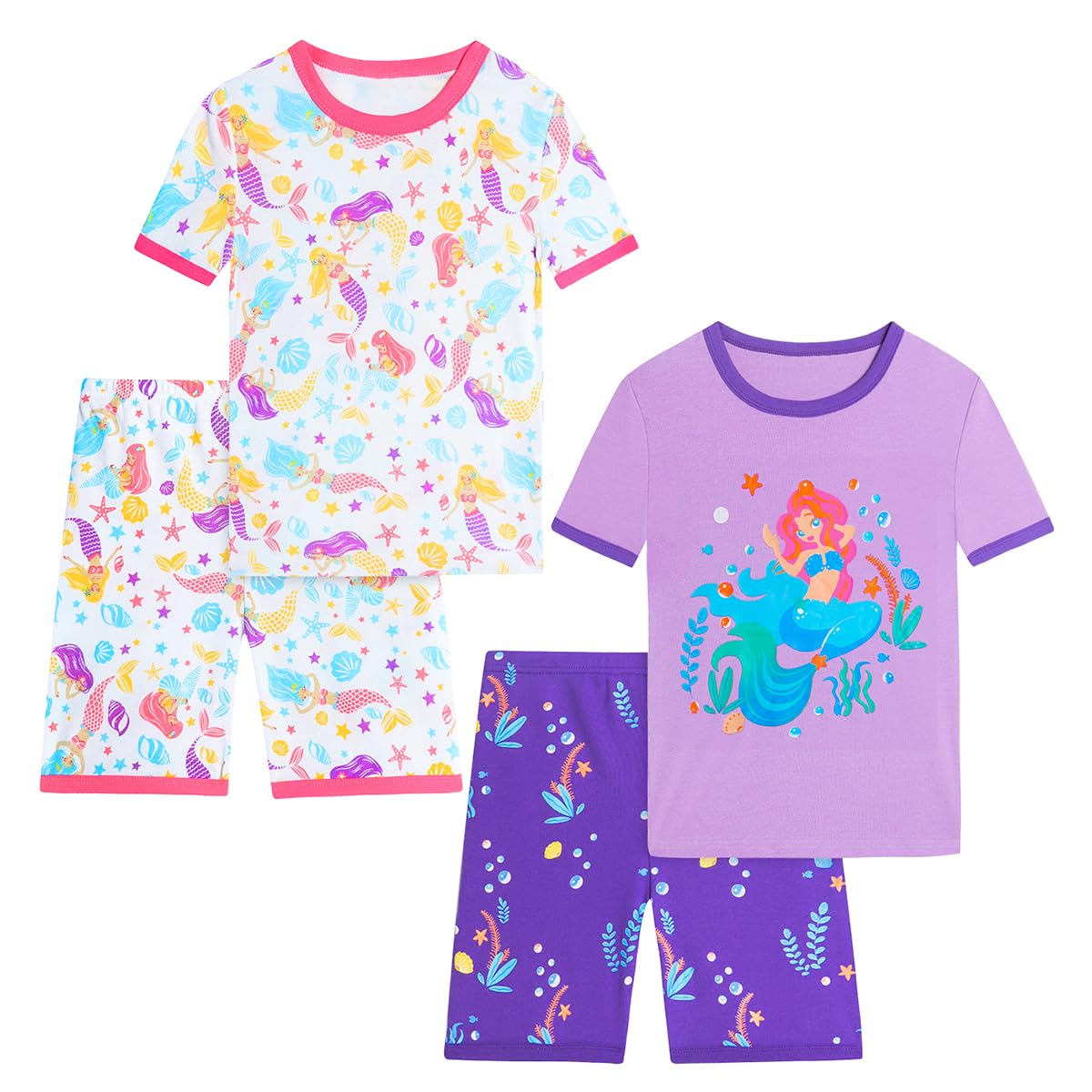 Girls Pajama Set, 4-Piece Cotton Pajamas Short Summer PJs Kids Sleepwear