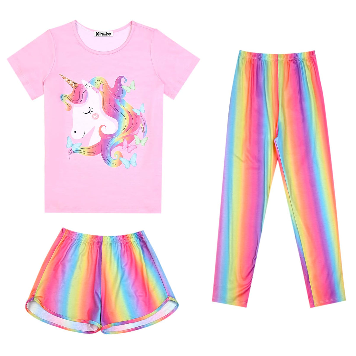 Mirawise Girls 3 Pc Pajamas Sleepwear Cotton Pjs Clothes Set 4-13 Years