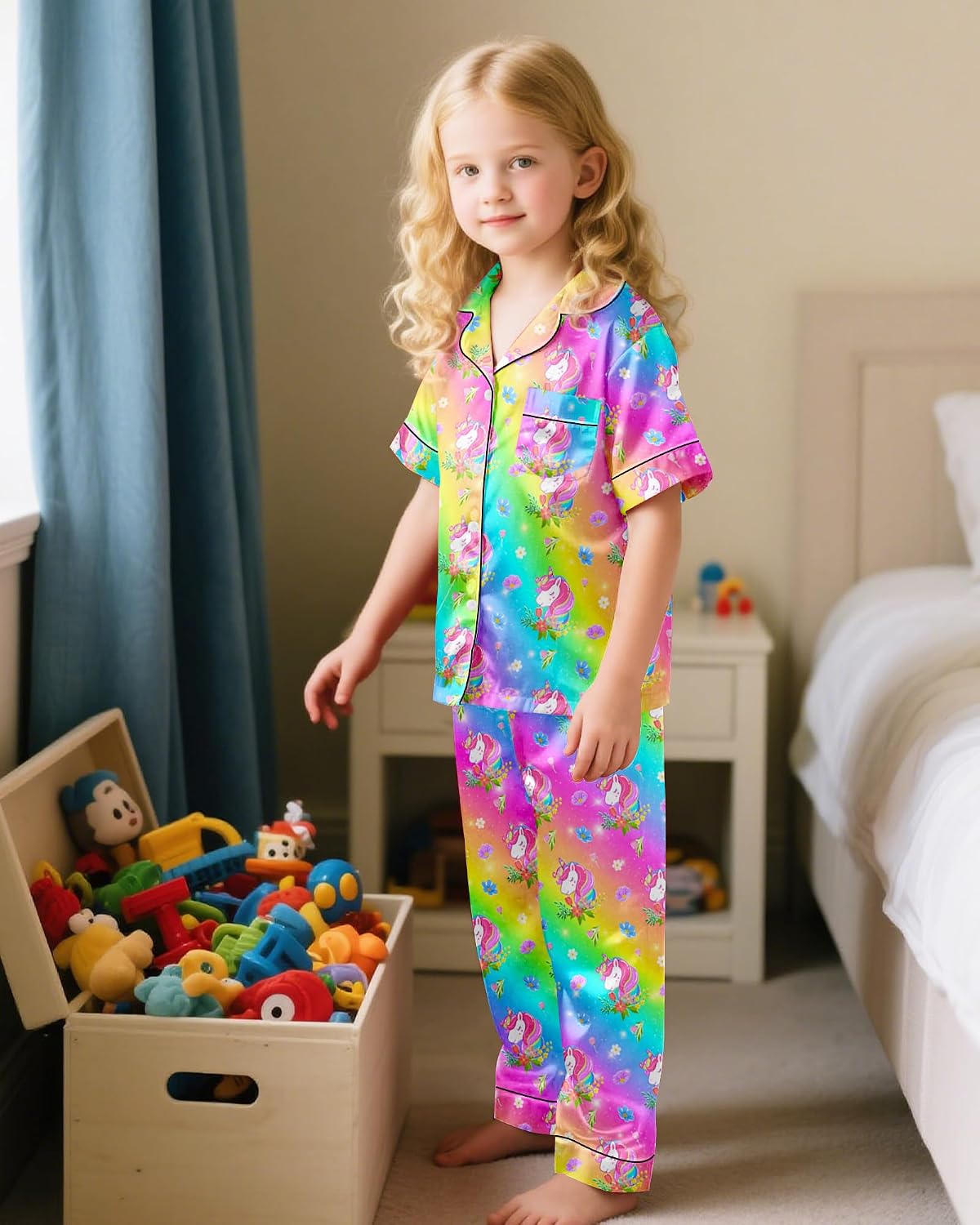 Girls Pajamas Silky Short Sleeve Long Pants Cute Jammies Satin Sleepwear Pjs Set for Toddler Kids 3T-10Y