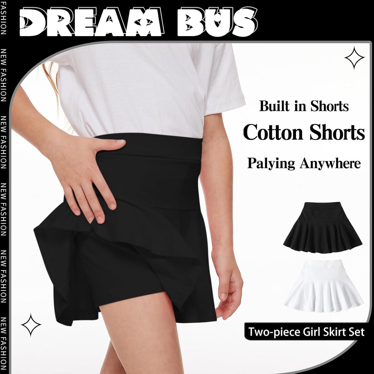 DREAM BUS 2 Pack Girl Pleated Skirts Built in Shorts Little Kid Tennis Skorts Toddler Girl Athletic Flowy Skorts Skirts