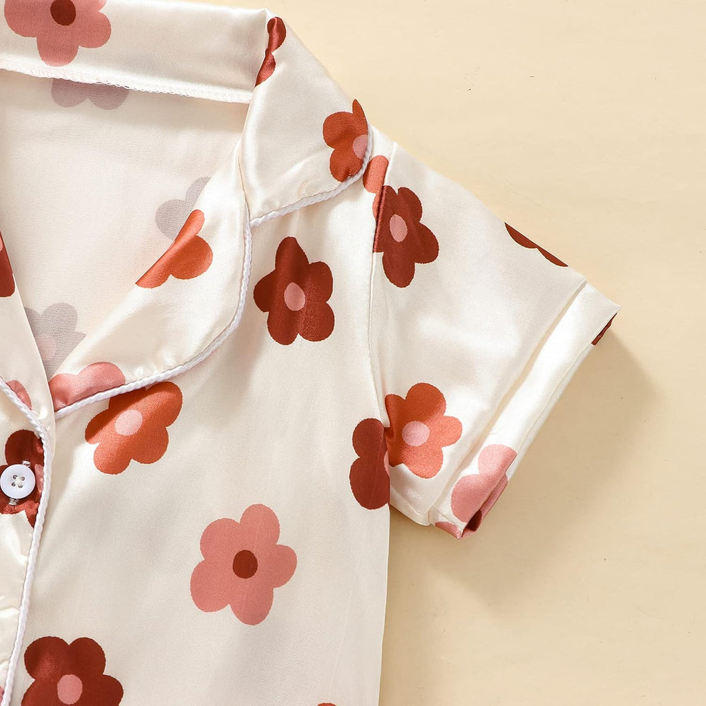1-6Y Toddler Girls Floral Silk Pajamas Short Sleeve Button-Up Top Shorts Summer 2PC Flowers Satin Pajamas Set