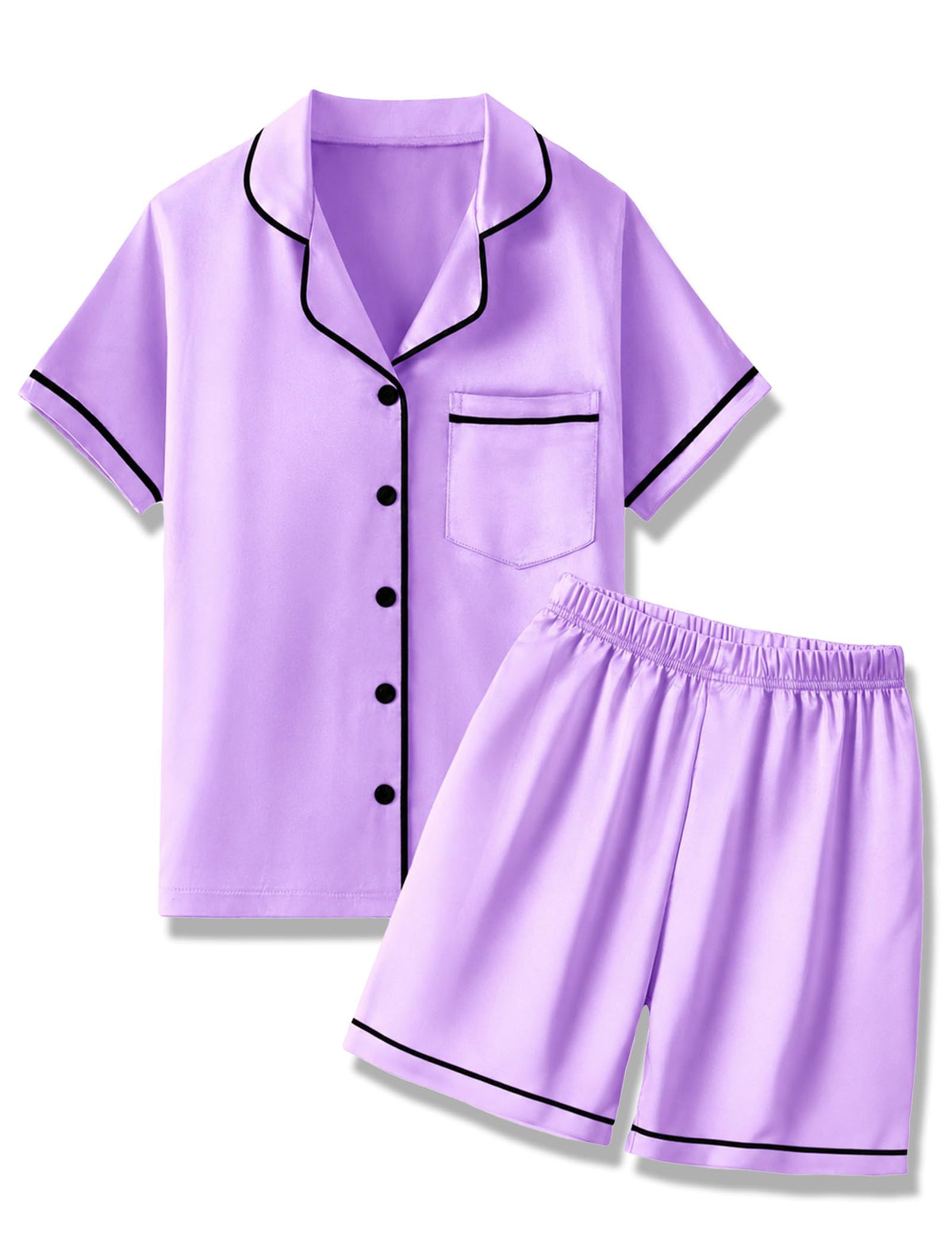 Mikrdoo Girls Pajamas Set Soft Silk Satin Pajamas 2 Piece Short Sleeve Sleepwear for Kids Size 4-16 Years