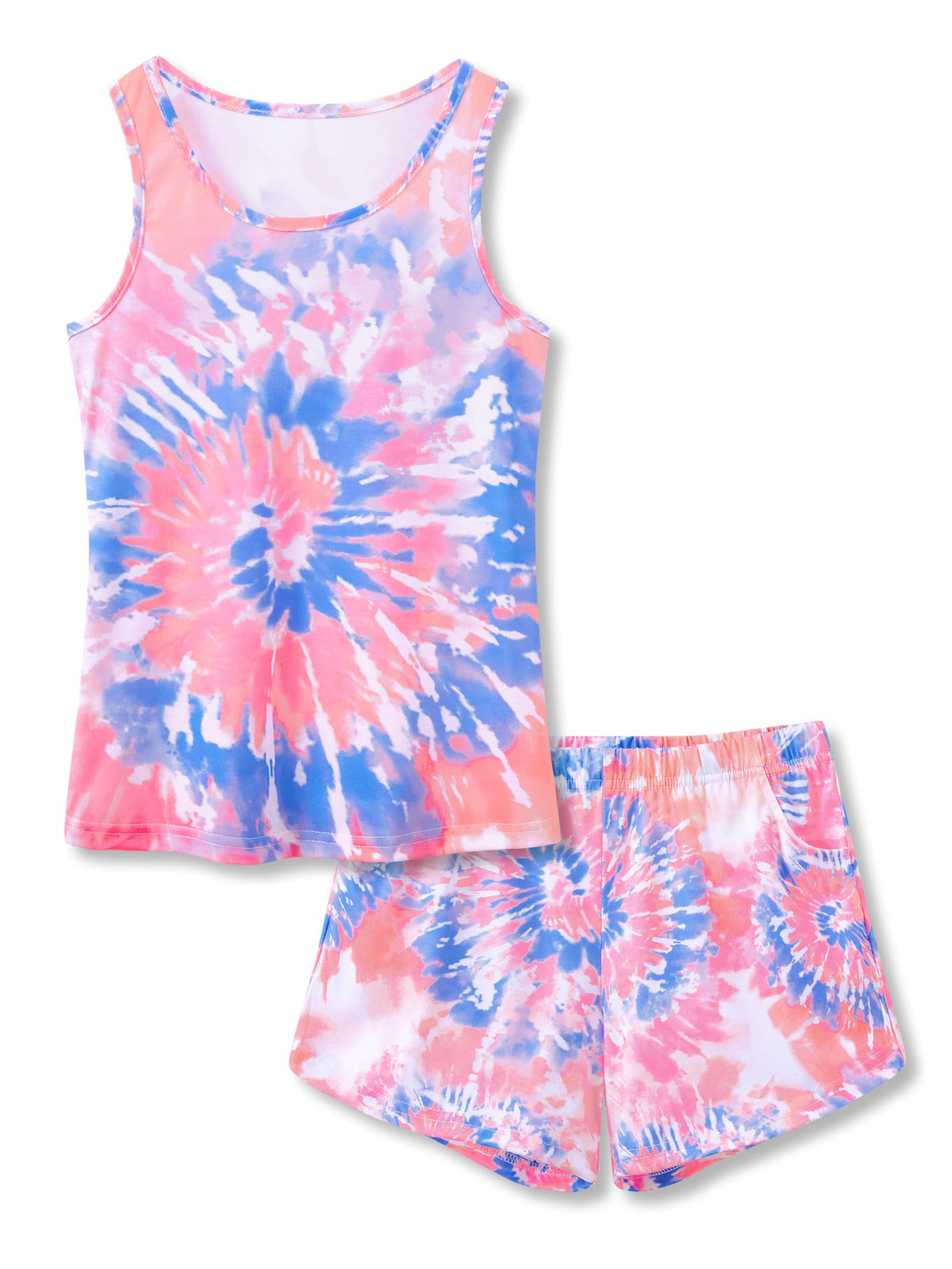 Beezizac Girls Pajamas Neon Tie Dye Spiral Capybara Smiling Face Print T-shirt & Shorts 2-Piece Soft PJ Set Size 6-18