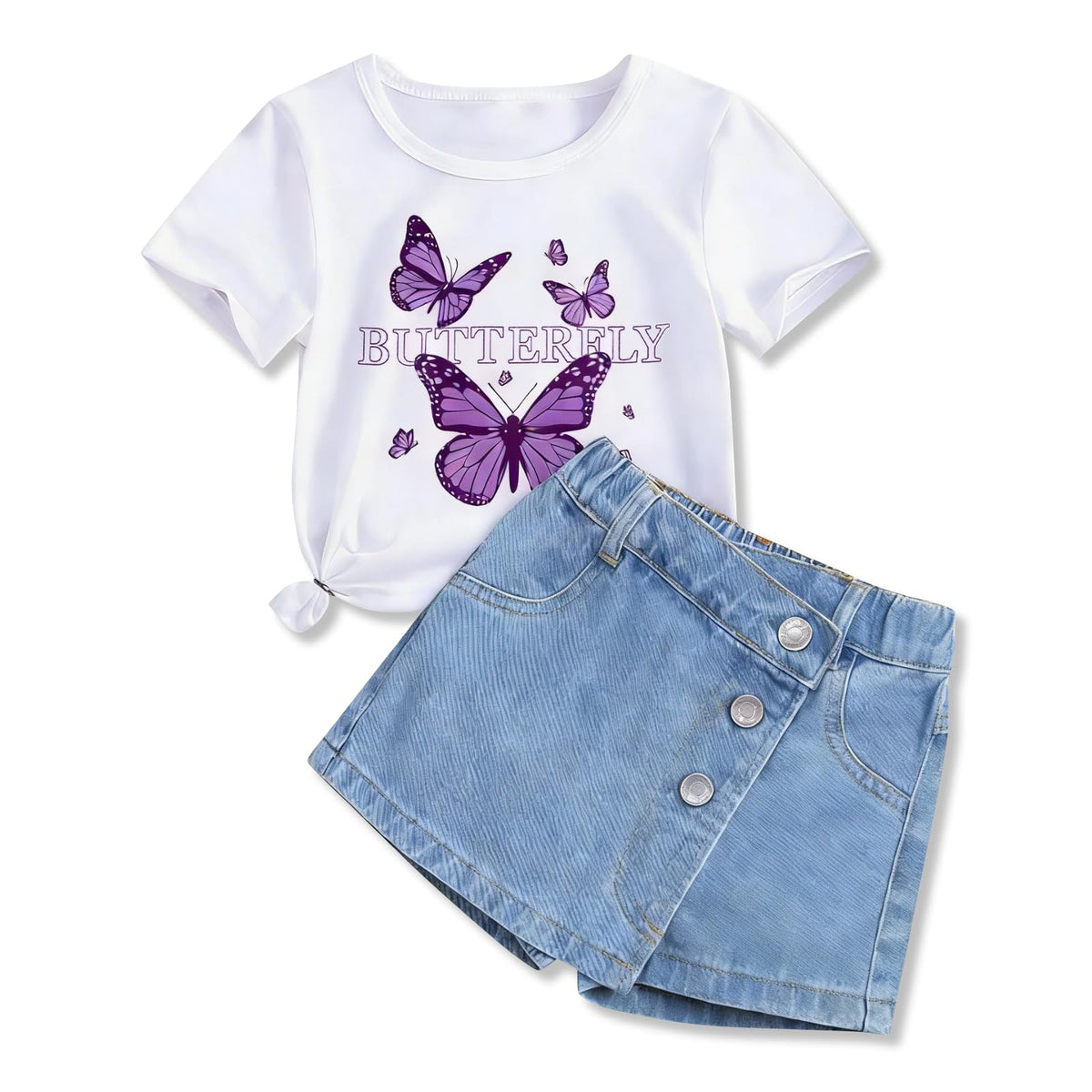 Girls Clothes 2PCS Butterfly Print Short Sleeve T-Shirt Denim Skirt Shorts Set Teen Tween Girls Summer Outfits Set