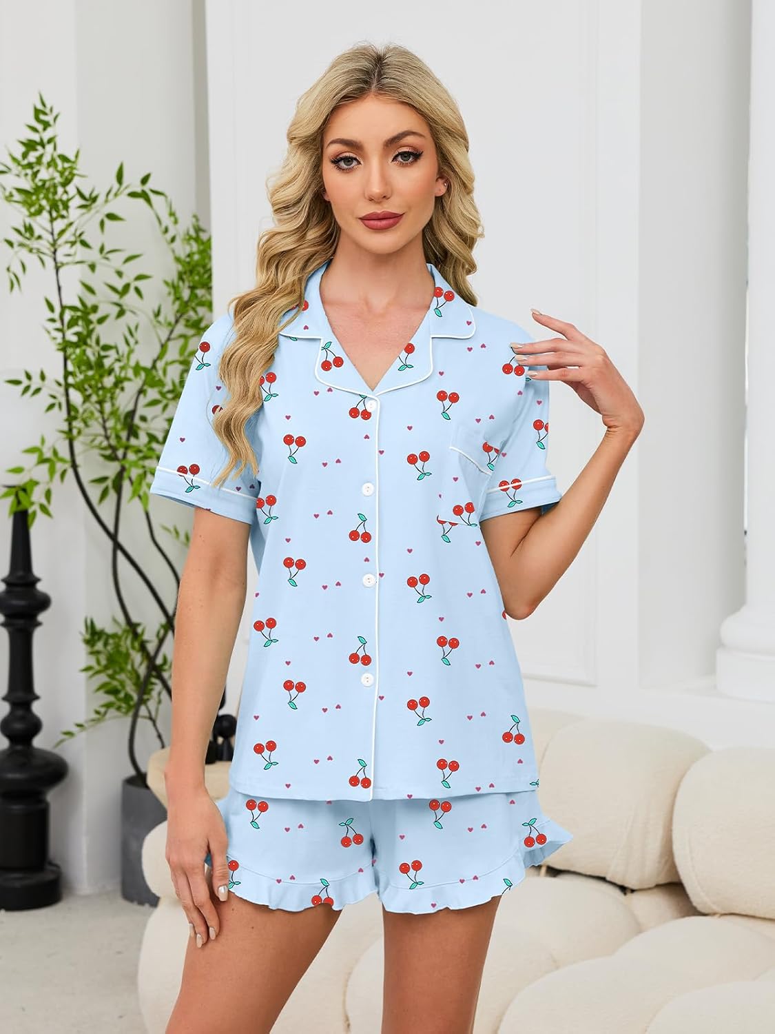 QZH.DUAO Girls & Women Pajama Sets Cotton Sleepwear Button Down Short Sleeve With Ruffle Shorts PJS 5 Years-Large