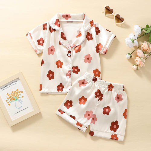 1-6Y Toddler Girls Floral Silk Pajamas Short Sleeve Button-Up Top Shorts Summer 2PC Flowers Satin Pajamas Set
