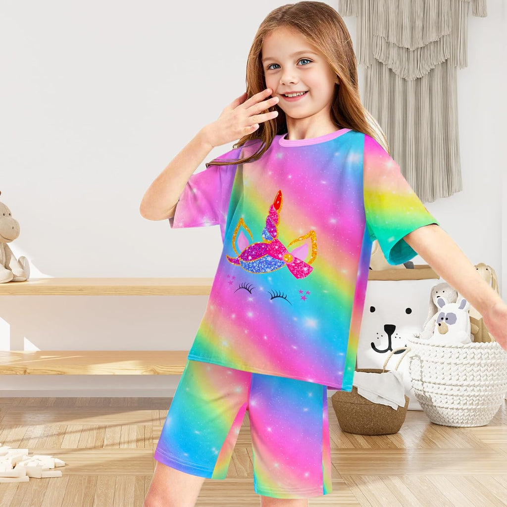 Girls Pajamas Tie Dye Mermaid Unicorn Summer Pjs Short Sleeve 2 Piece Sleepwear Toddler Girls Kids Nightwear 3T-10