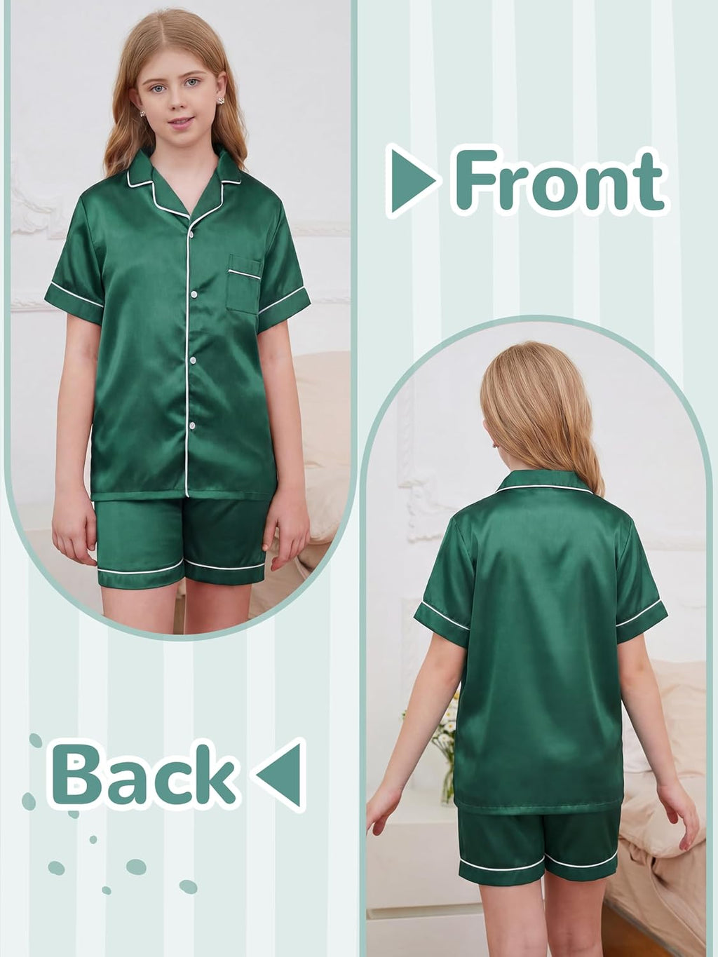 IHU Girls Pajamas Silk Satin PJs Boys Button Down Short Sleeve Shorts Set