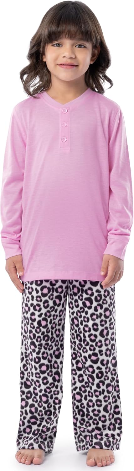 Fruit of the Loom Girls' Long Sleeve Jersey Henley Top and Fleece Pant Sleep Pajama Set