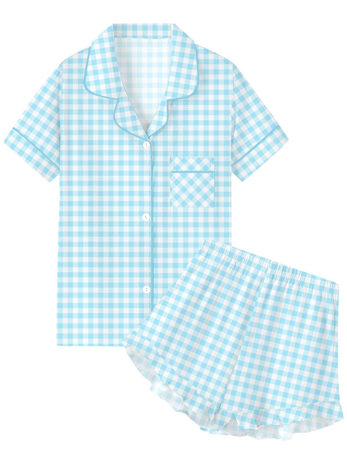 QZH.DUAO Girls & Women Pajama Sets Cotton Sleepwear Button Down Short Sleeve With Ruffle Shorts PJS 5 Years-Large