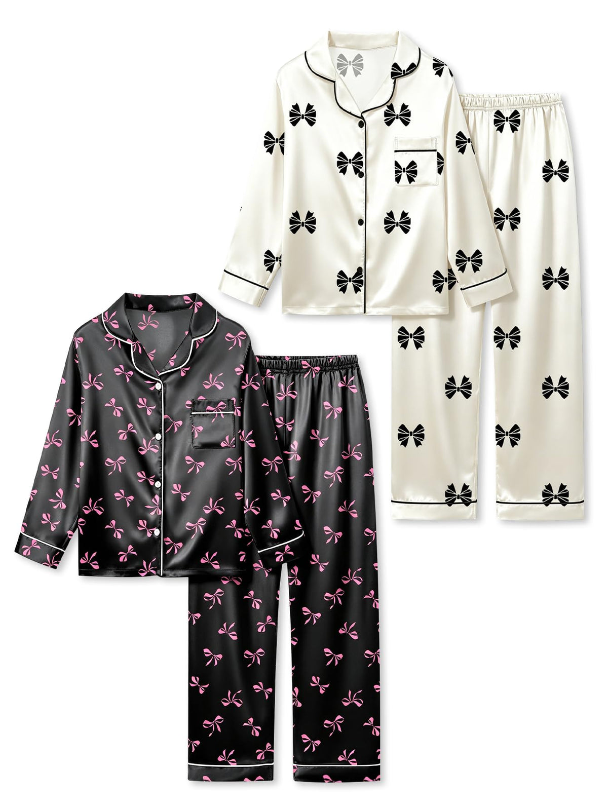 Satin Pajamas for Girls, 4-Piece Long Sleeve Silky Button Down PJ Set