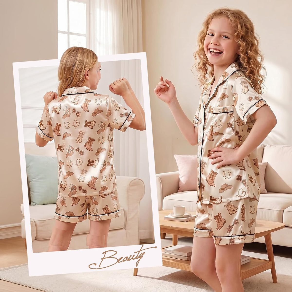 ICOSY Girls Pajamas Set, Silky Sleepwear Pjs for Kids 6-15Y