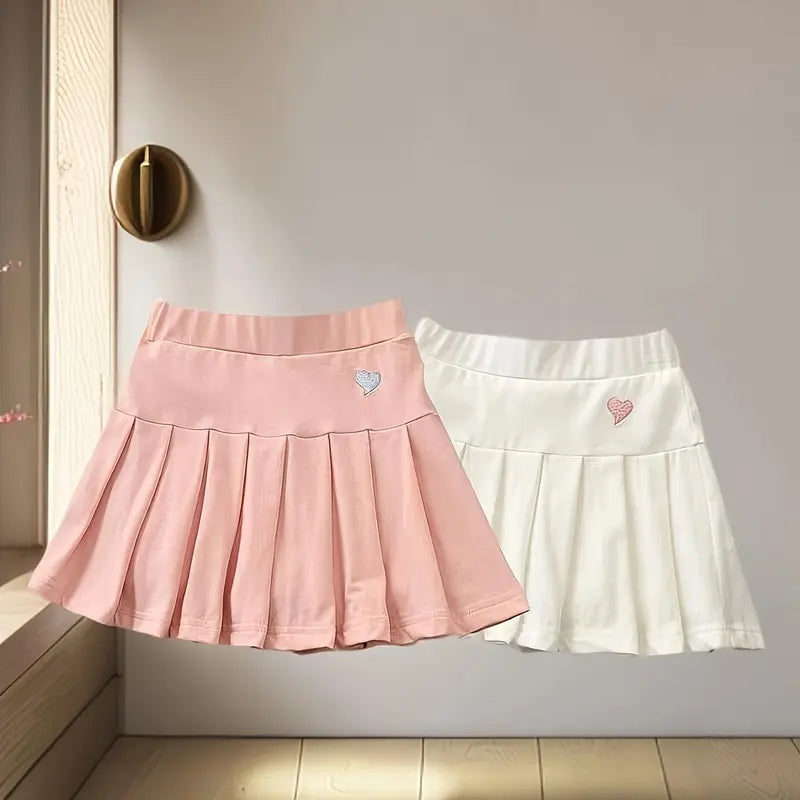 2pcs Girls' Casual Skirt Shorts with Safety Elastic Waistband - Machine Washable Solid Color Skirt Shorts Toddlers & Kids, Breathable Outfit