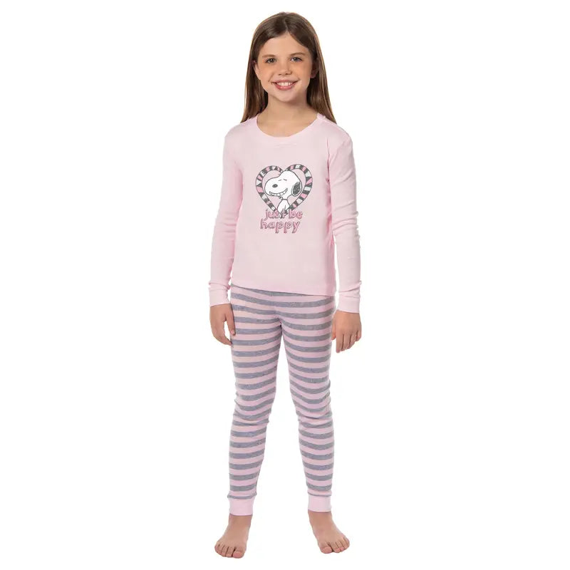 Peanuts Girls' Pink Snoopy Long Sleeve Elastic Waist Casual Comfy Pajama Outfit, Kids' Sleepwear Pajamas with "Just Be Happy" Design