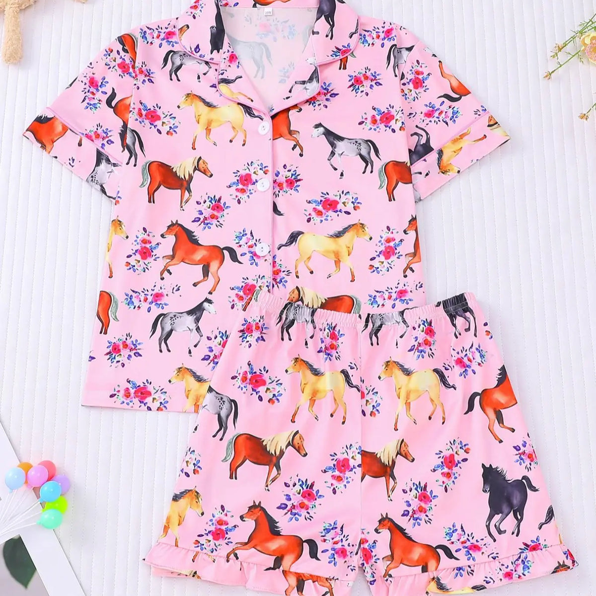 Girl's Horse And Floral Print Top & Shorts Pajama, Casual Comfy Cute Short Sleeve Top & Shorts Set, Kids Sleepwear for Summer Summer Pjs, Pj Sets