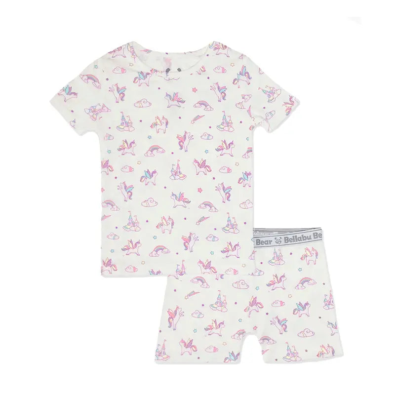 BELLABU BEAR Girls' Unicorn Bamboo 2-Piece Short Pajama Set, Cartoon Colorful Sleepwear, Child Size Pajama Sets