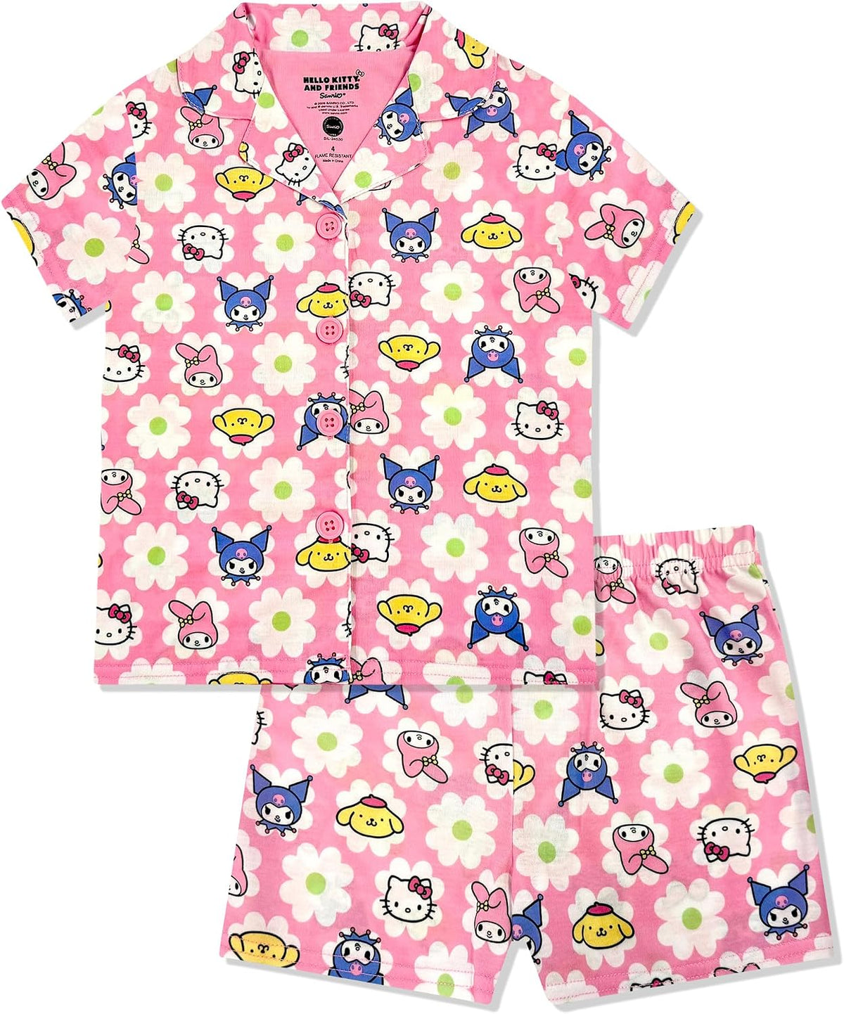 Hello Kitty Girls Pajama Set - 2 Piece Cozy Girls Pjs with Button Down Short Sleeve & Shorts For Kids - Official Product